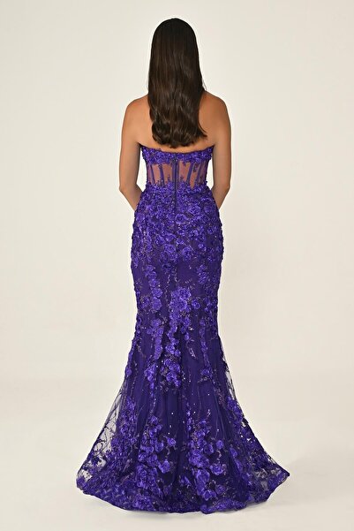 ALFABETA KADIN ABİYE KALP YAKA BEL TRANSPARAN 3 BOYUTLU ÇİÇEKLİ BALIK ŞIK ABİYE ELBİSE