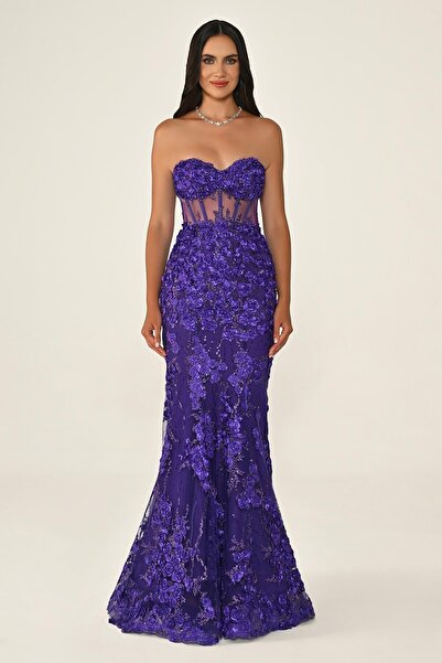 ALFABETA KADIN ABİYE KALP YAKA BEL TRANSPARAN 3 BOYUTLU ÇİÇEKLİ BALIK ŞIK ABİYE ELBİSE