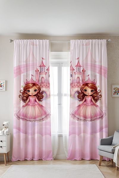 EVPANYA Pink Castle Princess Patterned Children's Baby Room Background Curtain (Single Wing Pricing)