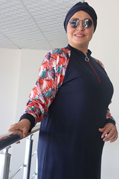 Eslina 1732 Large Size Turtleneck Zippered Swimsuit - Leaf Pattern Orange