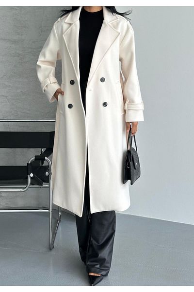 NET OF NOT Laura Ecru Belted New Season Lined Premium Quality Comfortable Fit Cashmere Coat