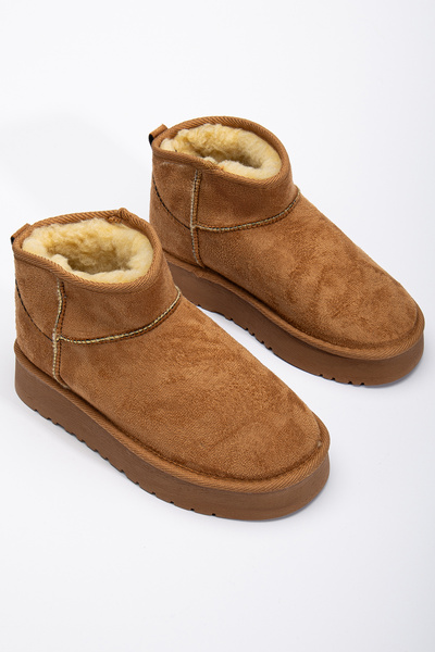 moun shoes Γυναικείες μπότες Mini Tan Suede με γούνα στο εσωτερικό και χοντρή σόλα