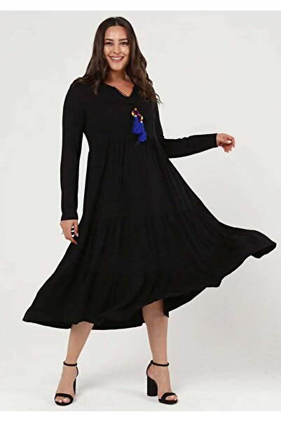 FOR ESRA BIG TREND Γυναικείο φόρεμα μεγάλου μεγέθους V με κούφιο γιακά με φούντα με μακρυμάνικο βισκόζη ελαστικό φόρεμα