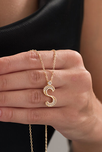 S Harf Zirkon Taşlı Gold Renkli Kolye