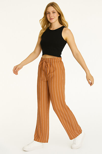 SheLoria Women's Tile Striped Belted Elastic Waist Relaxed Fit Palazzo Modal ...