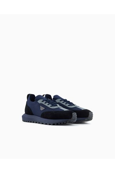 Emporio Armani Men's Knitted and Suede Detailed Toe Eagle Logo Round Blue Sneaker Em003739 Af19724-Mc038
