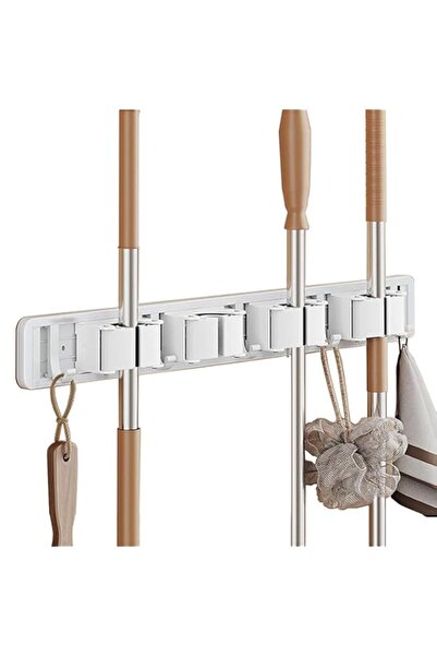 Generic Adjustable Broom Holder Wall Mount Mop Hanger 4 Racks 5 Hooks, Remova...