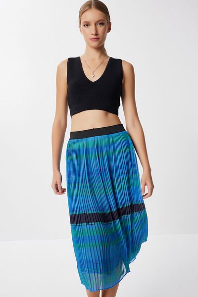 Lovelyİstanbul Patterned Pleated Midi Chiffon Skirt Lmx0120 Blue Green