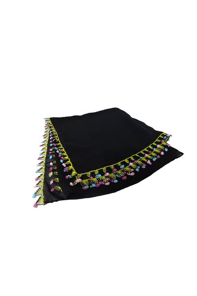SYAZE Black Chiffon Prayer Cover – Handmade Needlework with Pink and Blue Motifs