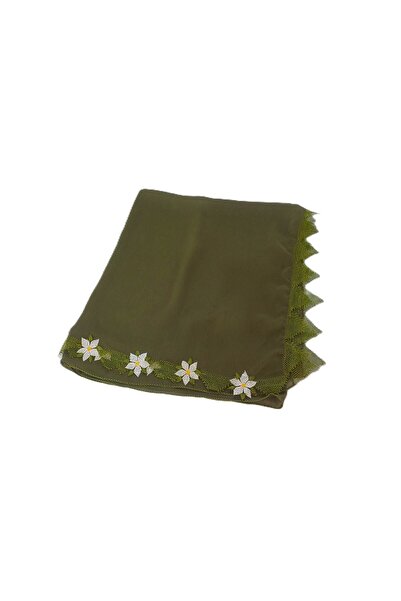 SYAZE Khaki Chiffon Prayer Cover – White Flower Motif Handmade Needlework