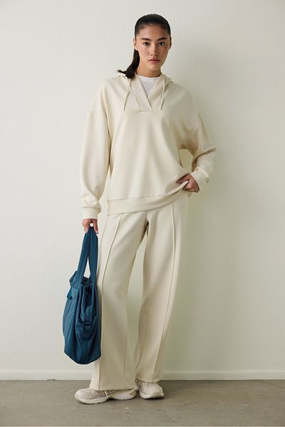 Penti Beige Silky Feel Oversize V-Neck Hooded Sweatshirt