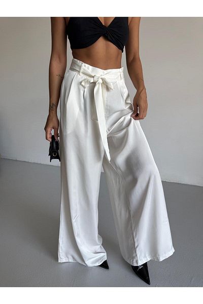 MONAMORE White Front Pleated Belted Loose Cut Satin Trousers