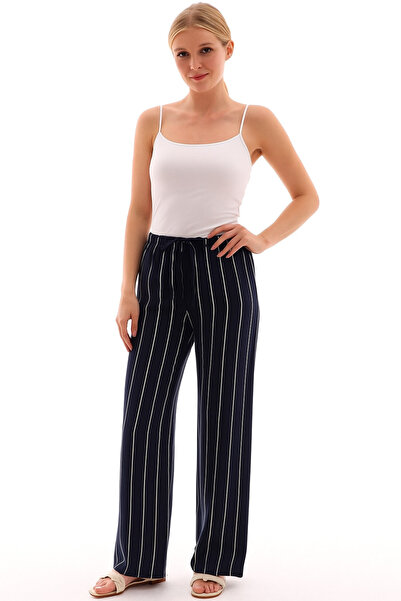 SheLoria Women's Navy Blue White Striped Belted Elastic Waist Relaxed Fit Pal...