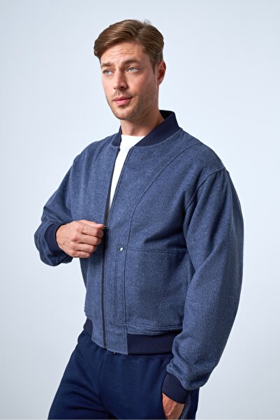 SPORTEMPT سترة بومبر للرجال مع تفاصيل تريكو - أزرق داكن