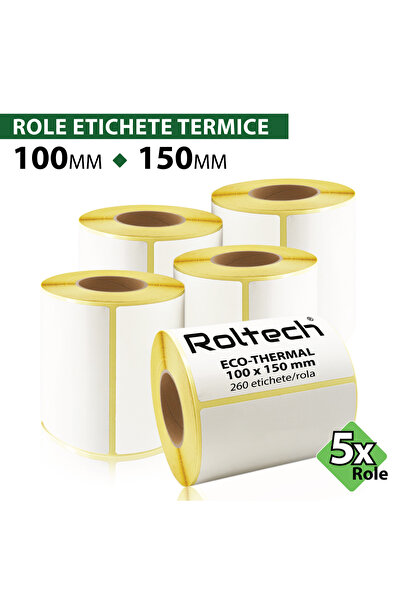 ROLTECH Role de etichete termice 100x150mm | 260 coli/rolă tub 40mm | Rolă de...