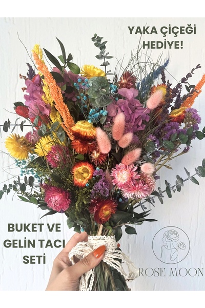Tasarım RoseMoon El Yapımı Sonbahar Kuru Çiçek Gelin Seti -Buket,Taç,Yaka Çiçeği