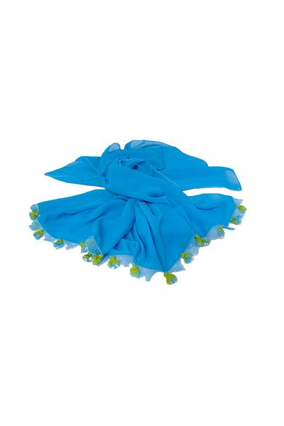 SYAZE Blue Chiffon Prayer Cover – Green Leaf Ribbon Flower Embroidered
