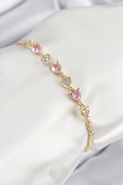 shopwave Brass Zircon Stone Pink Heart Model Gold Color Women's Bracelet