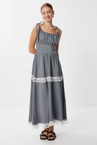 Lovelyİstanbul Rochie țesută de vară cu bretele și dantelă LFF0044 GRI