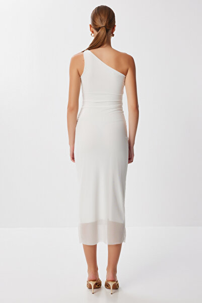 Lovelyİstanbul Tek Omuz Drapeli Tül Elbise LFF0043 EKRU