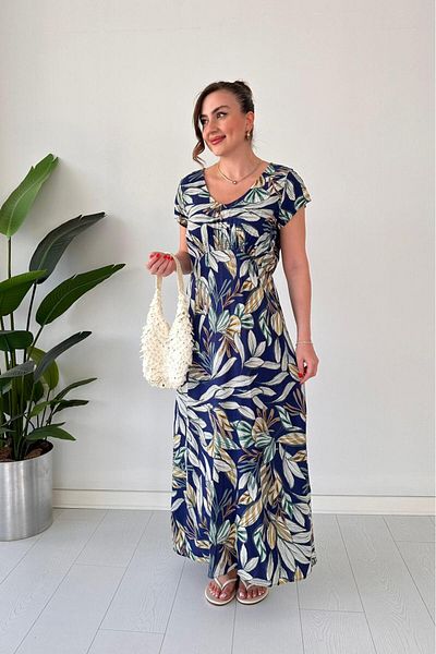 MaziButik Leafy Viscose Dress Navy Blue