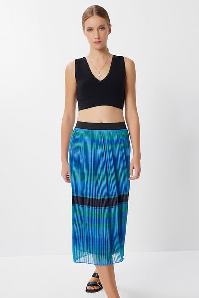 Lovelyİstanbul Patterned Pleated Midi Chiffon Skirt Lmx0120 Blue Green