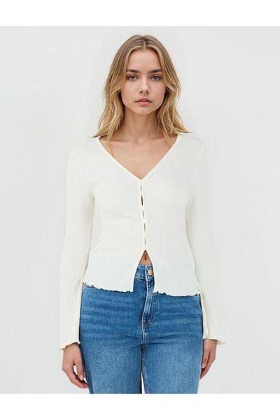 Jimmy Key White V-Neck Long Sleeve Slim Fit Knitted Cardigan