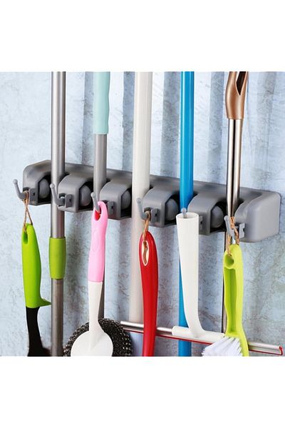 Generic Togu Mop And Broom Holder Wall Mounted 5 Position Storage Rack With 6 Retractable Hooks Holds Up To