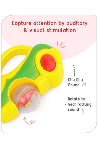 Babyhug Car Shape Baby Rattle, No Sharp Edges,6 Months+, L 11 x B 3 x H 8 cm - Yellow/Green