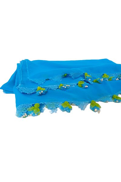 SYAZE Blue Chiffon Prayer Cover – Green Leaf Ribbon Flower Embroidered