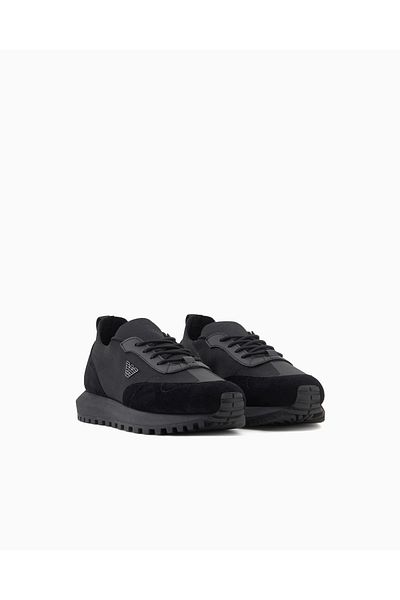 Emporio Armani Men's Knitted and Suede Detailed Toe Eagle Logo Round Black Sneaker Em003739 Af19724-Mc005