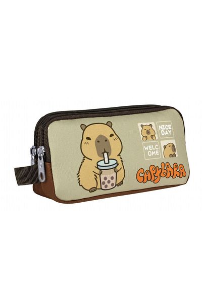 capybara Boy's Two Compartment Pencil Bag - Brown - Beige - 5202