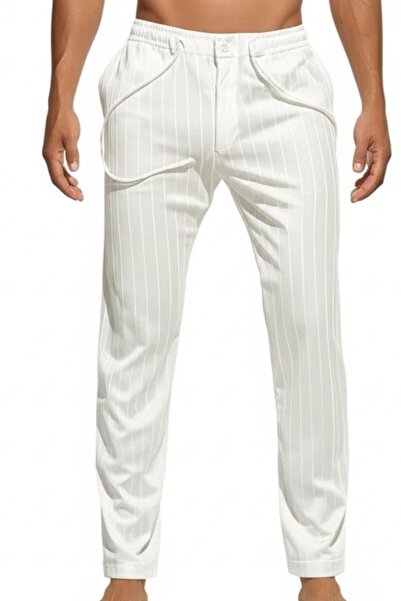 NO 601 Men's White Big Striped Buttoned Double Leg Fabric Pantalon
