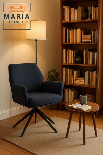 MARIA HOMES Dark Blue Swivel Armchair – Modern Fabric Upholstery with Sturdy Metal Base