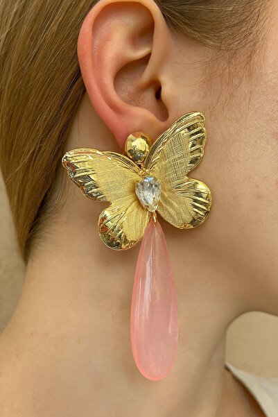 TAKIŞTIR Gold Color Butterfly Figured Stone Detailed Design Earrings (Pair)