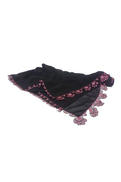 SYAZE Black Chiffon Prayer Veil – Handmade Needlework with Pink Motif