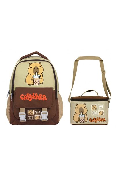 capybara Boys' School Backpack and Lunch Bag Set - Brown - Beige - Setcpb5200B