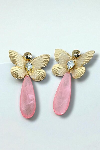 TAKIŞTIR Gold Color Butterfly Figured Stone Detailed Design Earrings (Pair)