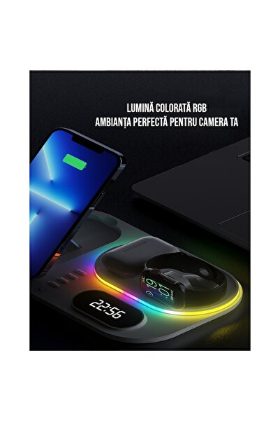 KEVDEI Încărcător wireless 3 în 1, KEVDEI, lumină ambientală RGB, încărcare rapidă 30W, alb