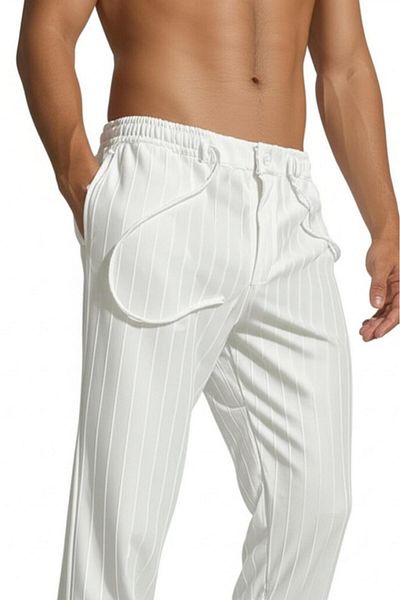 NO 601 Men's White Big Striped Buttoned Double Leg Fabric Pantalon