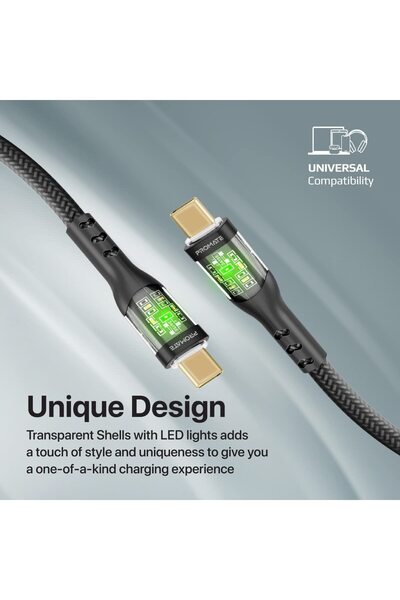 Promate USB-C to USB-C Cable, Premium 60W Power Delivery Type-C Cable with Transparent Shells, 480Mb
