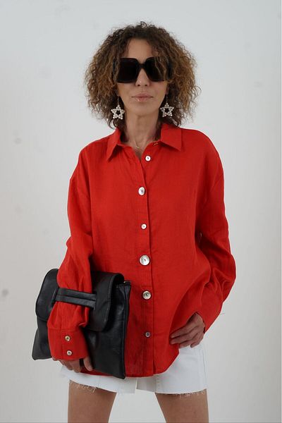 Zelish My Sister Red Button Detail Natural Linen Shirt