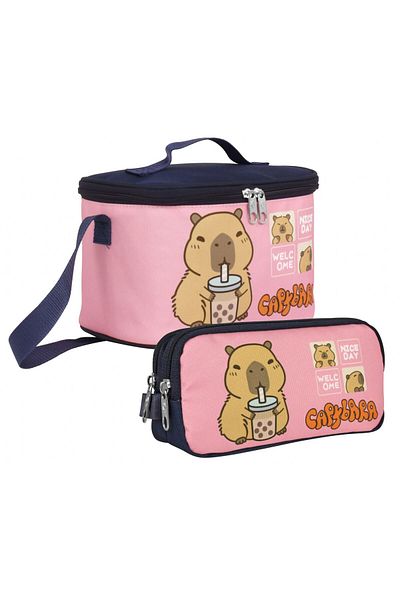 capybara Girl's Thermal Insulated Lunch Bag and Pencil Bag Set - Navy Blue/Pink