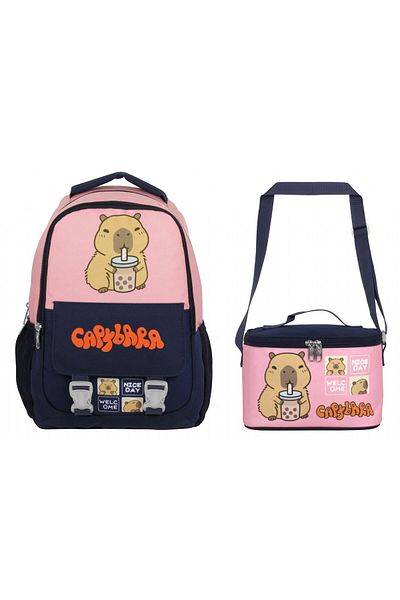 capybara Girls' School Backpack and Lunch Bag Set - Navy Blue - Pink - Setcpb5203B