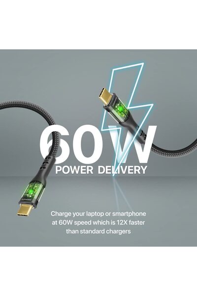 Promate USB-C to USB-C Cable, Premium 60W Power Delivery Type-C Cable with Transparent Shells, 480Mb