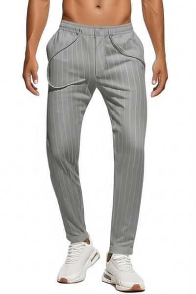 NO 601 Men's Gray Big Striped Buttoned Double Leg Fabric Pantalon