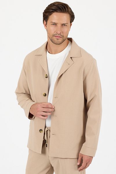 Frappoli Lucos Men's Beige Lycra Stretch Fabric 2-Piece Overshirt Jacket + Jogger Elastic Pants