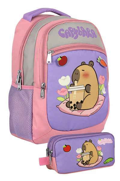 capybara Girl's Primary School Backpack and Two-Eye Pen Holder Set - Purple - Pink - Setcpb5233C