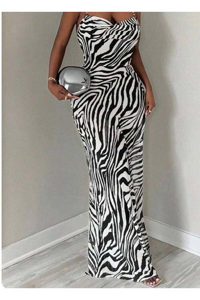 modamtn Women's Women's Rope Strap Draped Collar Zebra Pattern Maxi Length Dress