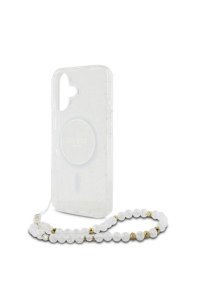 Guess Case for iPhone 16, IML Glitter with Pearl Strap MagSafe, - Transparent